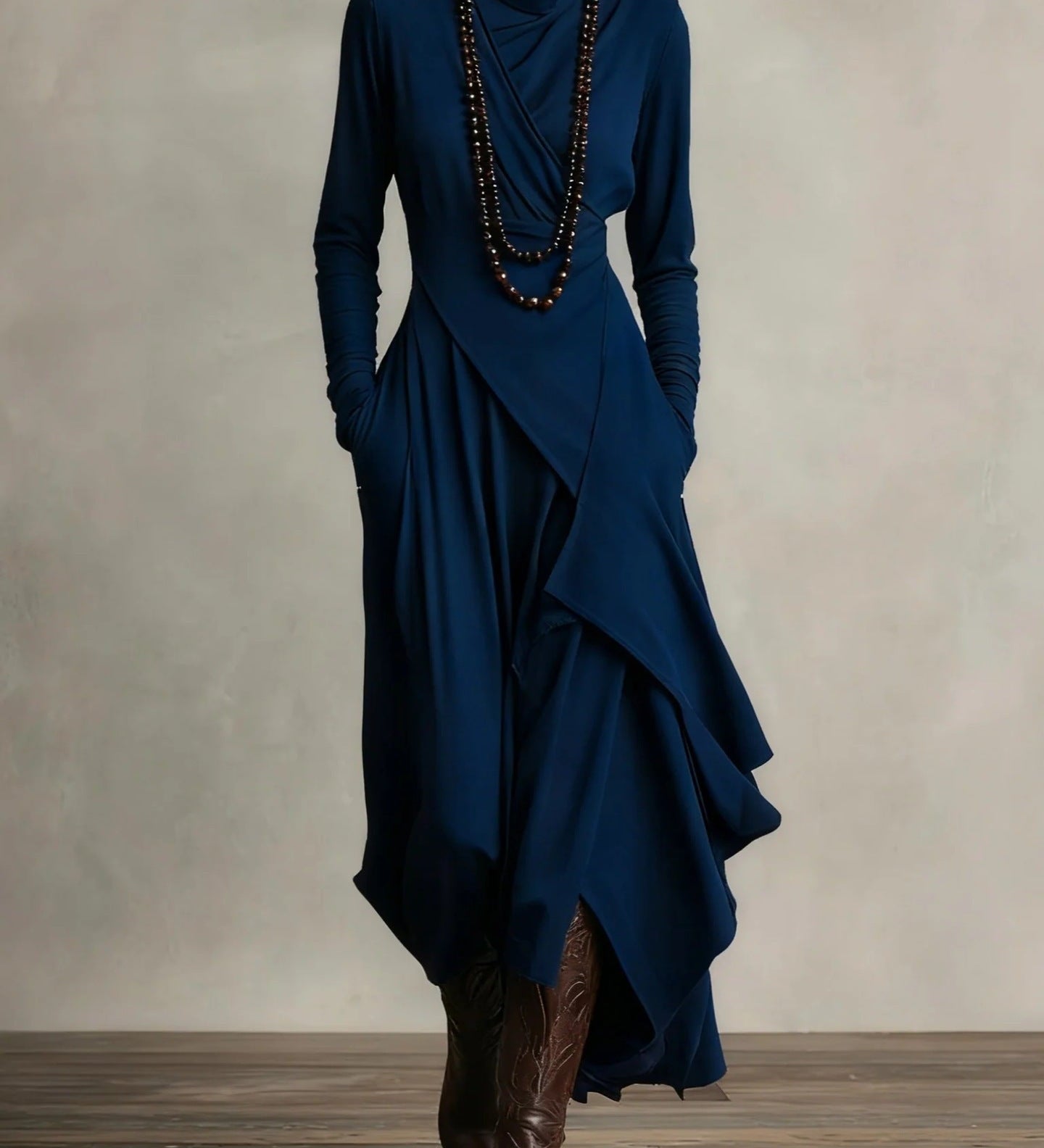 Natalia – Asymmetric Maxi Knit Dress with Turtleneck