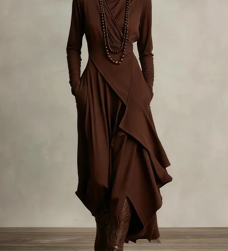 Natalia – Asymmetric Maxi Knit Dress with Turtleneck