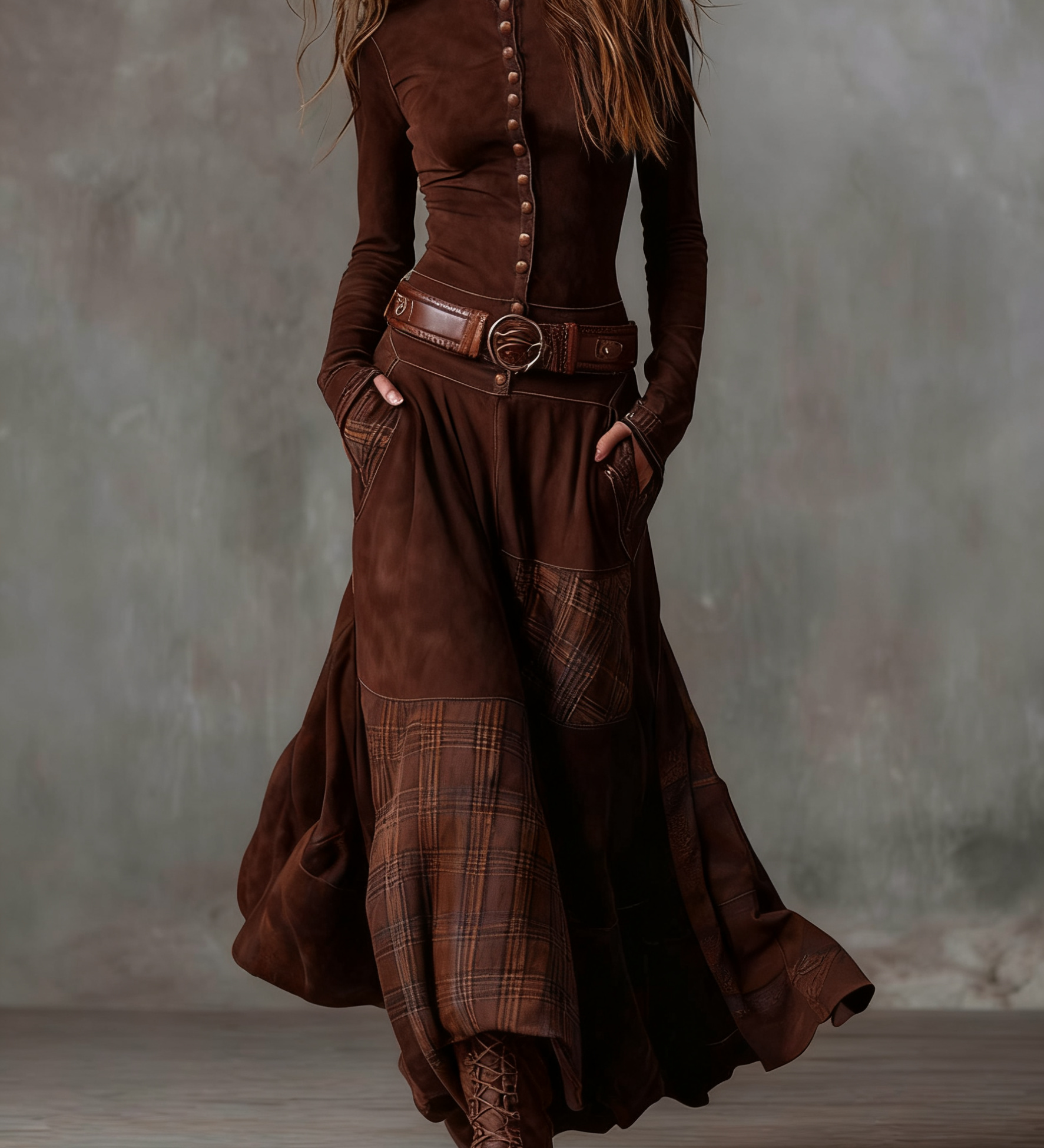 Keeva - Navy Suede Maxi Dress with Belt