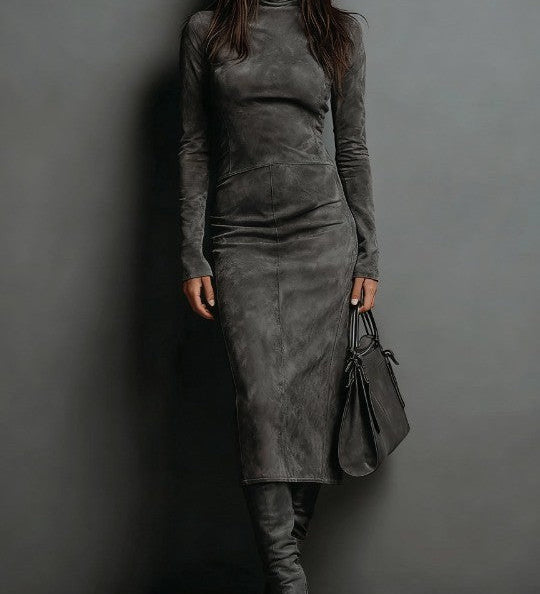 Sienna – Midi Suede Dress with High Neck & Long Sleeves