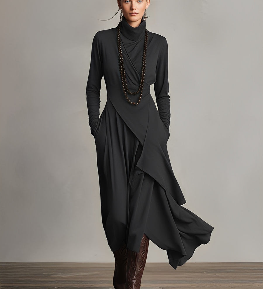 Natalia – Asymmetric Maxi Knit Dress with Turtleneck